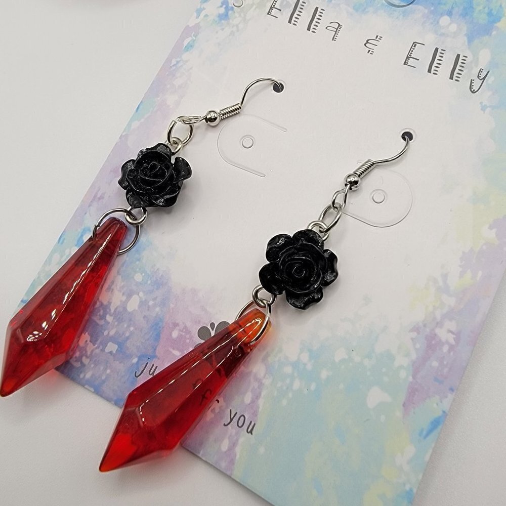 New Ella & Elly Black Rose/Red Crystal Earrings